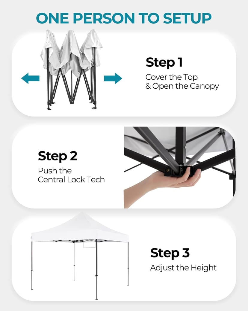 10in x10in Canopy Tent with Wheeled Bag, Commercial Portable Pop Up Tent, Easy Set Up, 4 Stakes & 4Sandbags & 4 Ropes, Waterproof Outdoor Shelter for Market, Parties, White