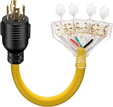 30 Amp to 110 Outdoor Generator Adapter Power Cord, 4 Prong Locking 30 Amp to 15 Amp Generator Adapter, NEMA L14-30P Male to 4X 5-20R T-Blade Female with Dust Protection Caps, 1.5FT