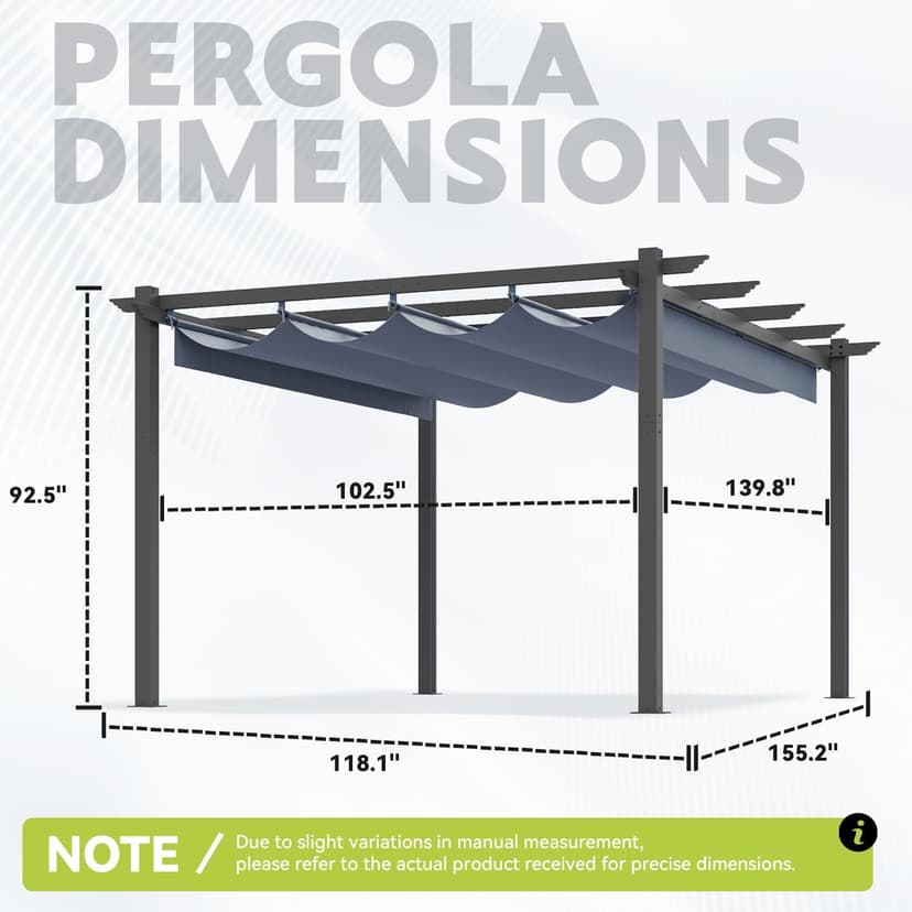 EROMMY Outdoor Retractable Pergola 10' x 13', Outdoor Aluminum Freestanding Shelter with Adjustable Sun Shade Canpoy for Patios, Dark Gray