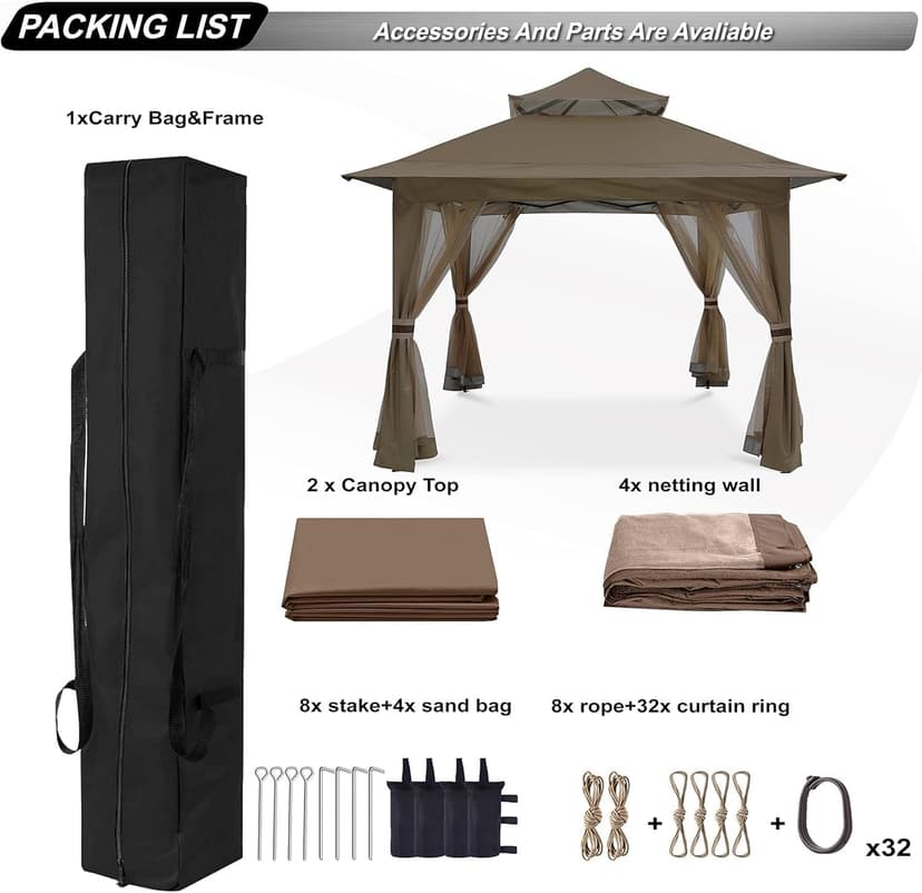 ABCCANOPY Pop Up Gazebo 13x13 - Outdoor Canopy Tent with Mosquito Netting for Patio Garden Backyard (Brown)