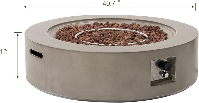 SUNBURY Outdoor 40" Propane Fire Pit Table, CSA Certified,50000 BTU Gray Patio Fire Table, Concrete Round Gas Fire Table w Lava Rocks (Tank Outside)