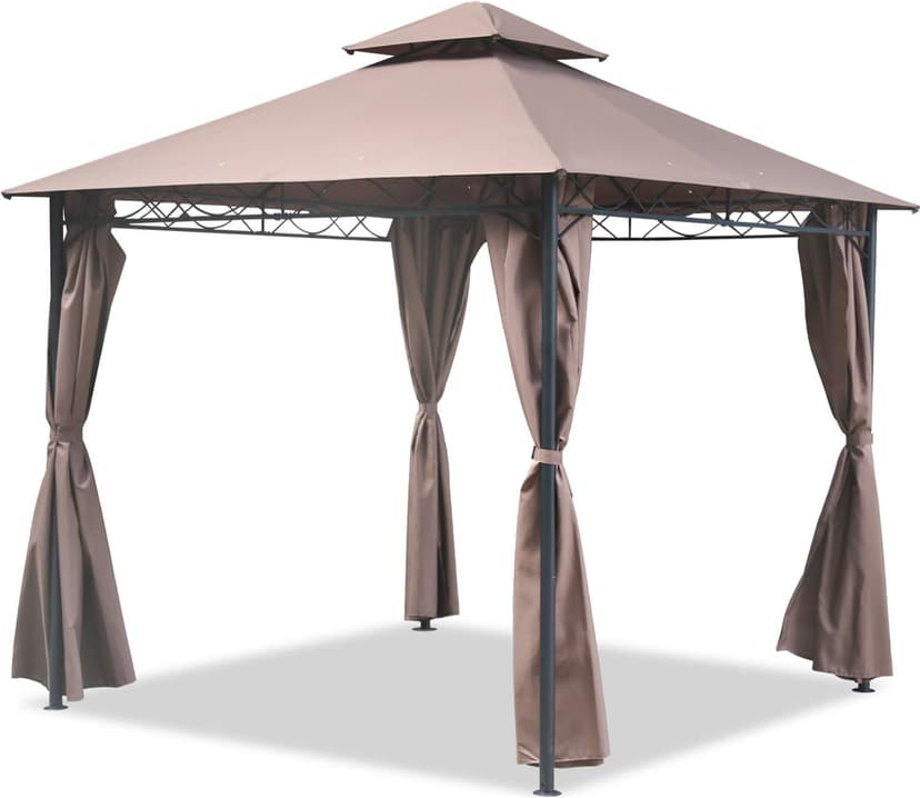 10'x10' Outdoor Patio Gazebo Heavy Duty Steel Frame Canopy with Double Roof, Privacy Curtains, for Garden, Backyard, and Lawn (Brown)