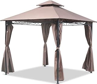 10'x10' Outdoor Patio Gazebo Heavy Duty Steel Frame Canopy with Double Roof, Privacy Curtains, for Garden, Backyard, and Lawn (Brown)