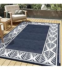 Outdoor Rug Mats, Large Waterproof Outdoor Area Rug, Reversible Portable Outdoor Plastic Straw Carpet for RV Deck Camping Front Door Indoor Outside Porch Picnic (5x8ft Geometric Black&White)