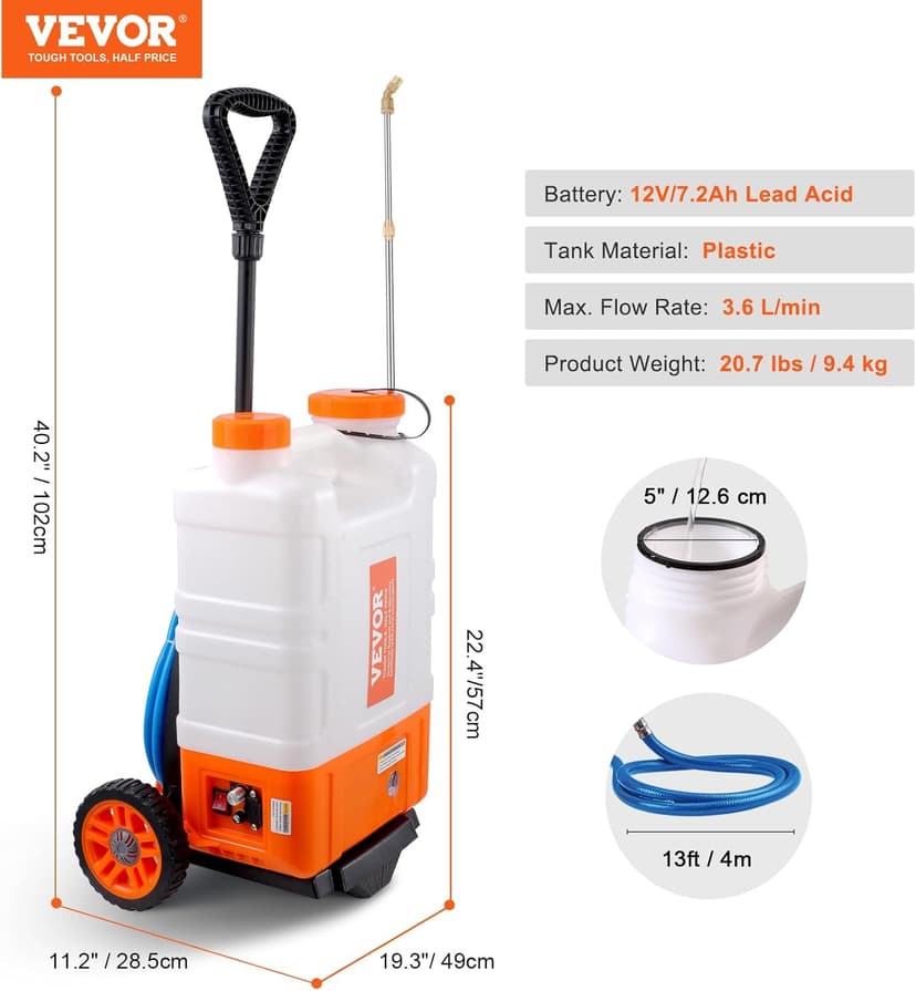 VEVOR 4 Gallon Battery Powered Backpack Sprayer with Wheeled Cart, Adjustable 0-94 PSI, 13FT Hose, 6 Nozzles, 2 Wands Included, Wide Mouth Lid for Weeding, Cleaning, Long Spray Time, White+Orange