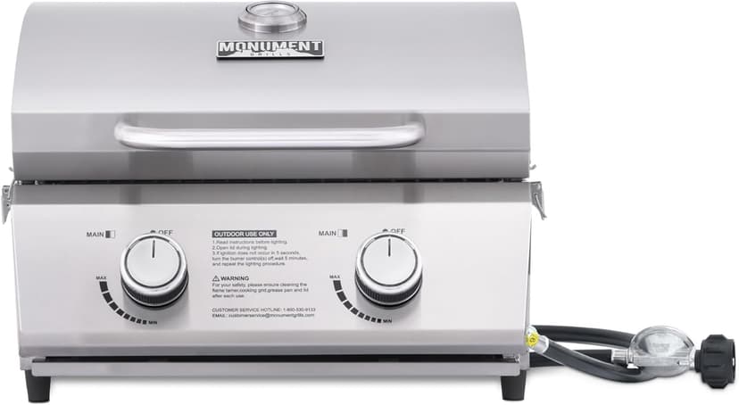 Monument Grills Tabletop Propane Gas Grill for Outdoor Portable Camping Cooking with Travel Locks, Stainless Steel High Lid, and Built in Thermometer