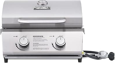 Monument Grills Tabletop Propane Gas Grill for Outdoor Portable Camping Cooking with Travel Locks, Stainless Steel High Lid, and Built in Thermometer