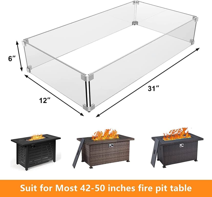 Grisun Fire Pit Glass Wind Guard - 31 x 12 x 6 inch, Thick Rectangular Heat-Resistant Tempered Glass Guard with Hard Aluminum Corner Bracket and Feet for Propane, Gas, Outdoor