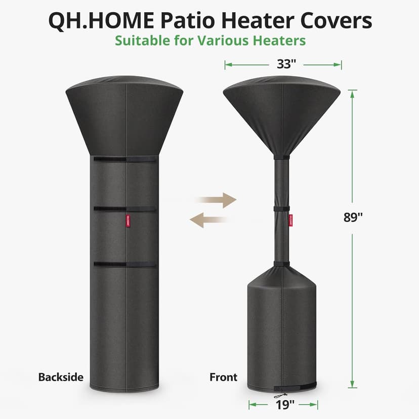 QH.HOME [2025 Upgraded Tear-Resistant Fabric] Patio Heater Covers, with Exclusive Windproof Design and Robust YKK Zippers, Resistant to all Types of Weather, 89"H x 33"D x 19"W, Black