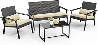 Ahomly 4-Piece Outdoor Wicker Patio Furniture Set with Deep Seating Cushions and Table for Balcony, Backyard, and Porch (Beige)