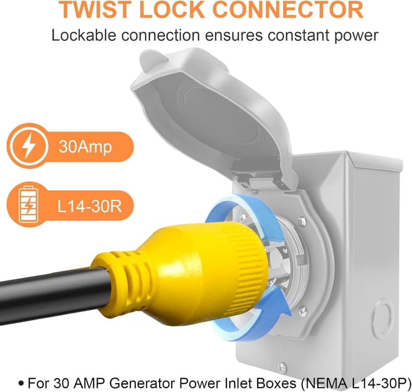 10ft Generator Transfer Switch Adapter Cord NEMA TT-30P to L14-30R, 3 Prong 30 Amp RV Generator TT-30 Male Plug to 4 Prong 30 Amp Inlet Box L14-30 Female Connector, STW 10AWG/3C, ETL Listed
