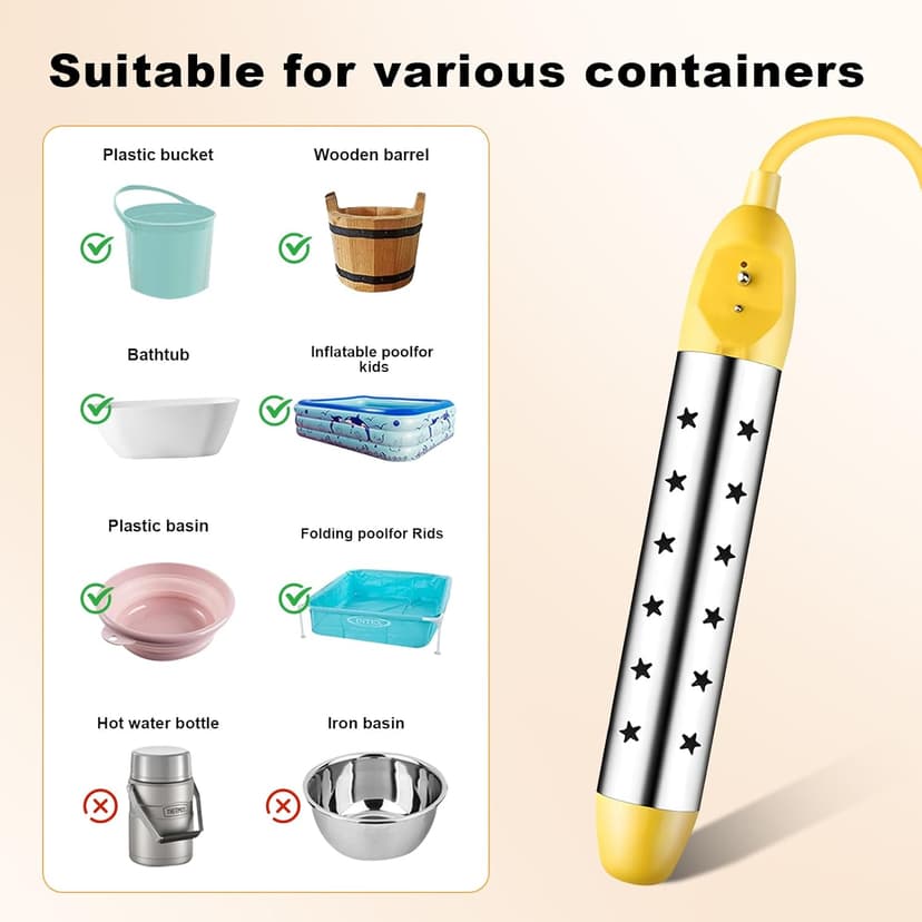 Portable Water Heater – 1500W Immersion Heater for Bathtub, Bucket, Hot Tub, and Mini Inflatable Pool – Fast Heating with Rust-Resistant 304 Stainless Steel Cap
