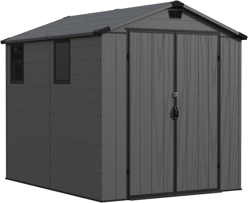 Patiowell 6 x 8 FT Plastic Outdoor Storage Shed with Floor, Resin Outside Tool Shed with Two Windows and Lockable Door for Garden, Backyard, Tool Storage Use, Easy to Install, Dark Grey