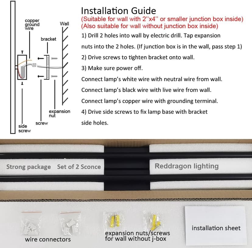 Only Suitable for Small Junction Box Hardwired Minimalist Dimmable Black Tube Linear Wall Sconce 24 Inch Mirror Vanity Light for Bathroom Living Room Bedroom Corridor (2 Pack, 24'', Black, Dimmable)