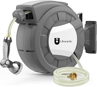 Retractable Garden Hose Reel, 1/2 in x 100 ft Wall Mounted Hose Reel, 10-Pattern Spray Nozzle, Any Length Lock/Slow Return System/Wall Mounted/180°Swivel Bracket