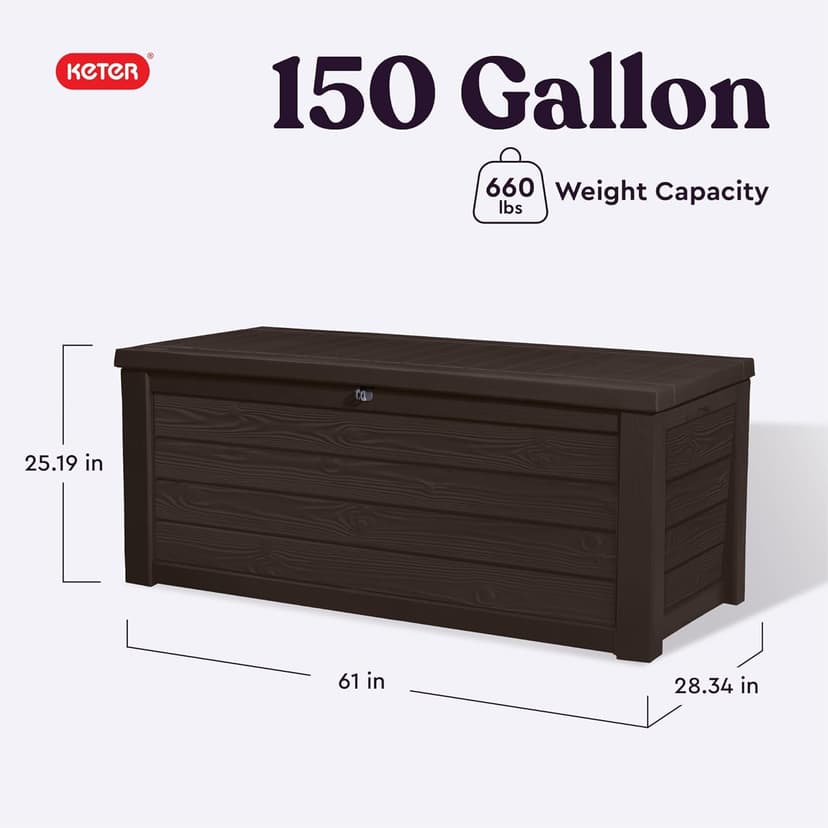 Keter Outdoor Storage Deck Box, 150 Gallon Resin Patio Bin & Bench, Wood Grain, Brown