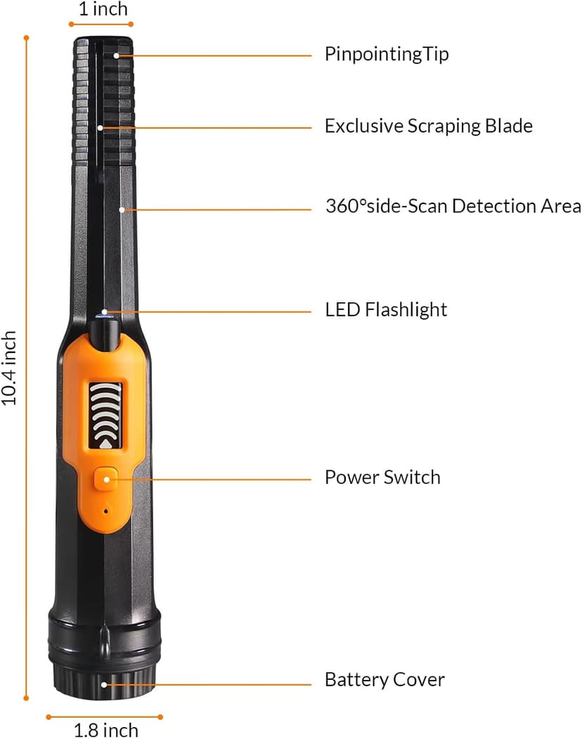 Metal Detector Pinpointer, Professional Waterproof Handheld Pin Pointer Wand, 3 Modes Search Treasure Pinpointing Finder Probe with LCD Display for Adult, Kids, 9V Battery Included - Orange