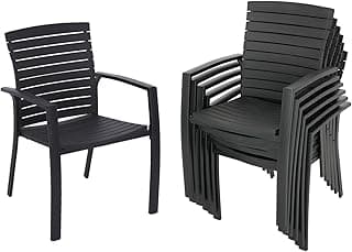 6 pcs Stackable Patio Dining Chairs with Aluminum Frame and Molded Ergonomic Resin Back Seat Living Space, Office - Black