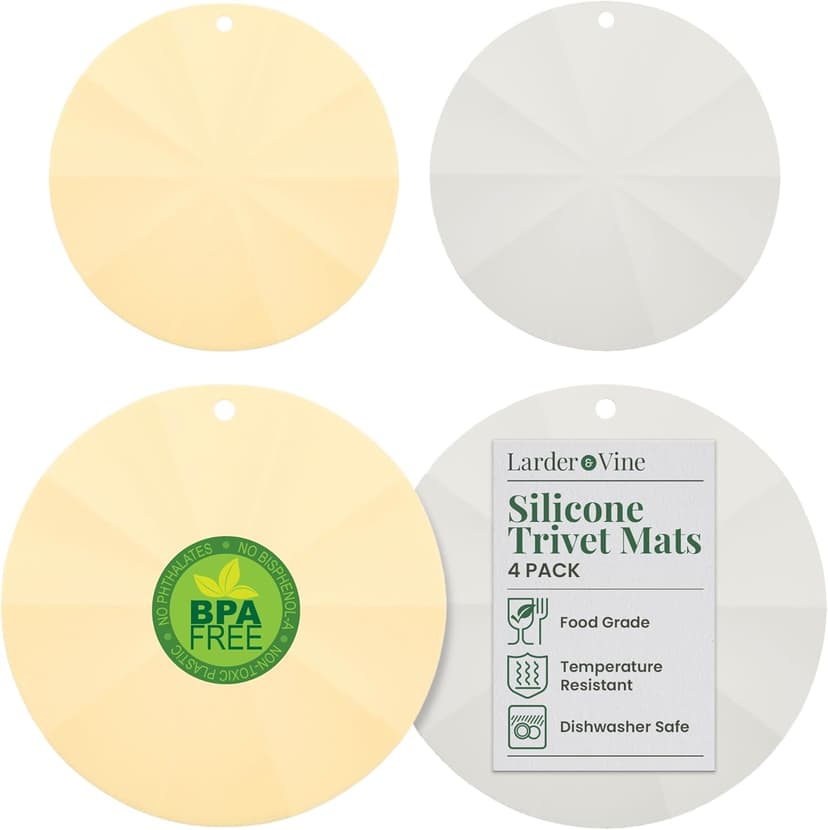 Larder & Vine Silicone Trivets for Hot Pots and Pans | Set of 4 Round Hot Pads for Kitchen | 7” & 9” Trivets for Hot Dishes | Heat-Resistant Silicone Mats for Kitchen Counter | Limoncello/French Gray
