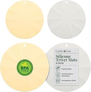 Larder & Vine Silicone Trivets for Hot Pots and Pans | Set of 4 Round Hot Pads for Kitchen | 7” & 9” Trivets for Hot Dishes | Heat-Resistant Silicone Mats for Kitchen Counter | Limoncello/French Gray