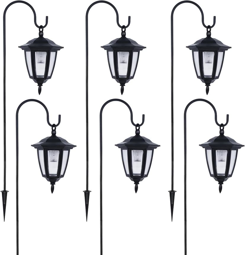 Dynaming 6 Pack Solar Hanging Lights Outdoor, Solar Powered Garden Decorative Lanterns with 6 x 38 Inch Shepherd Hooks, Waterproof Landscape Lighting for Lawn Patio Yard Pathway Driveway, Warm White