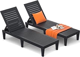 Outdoor Chaise Lounge Chair Set of 2 for Poolside Patio, Water-Resistant Tanning Chair Recliner with Adjustable Backrest, Resin Sun Lounger for Outside Deck, Pool, Beach, Sunbathing, Black