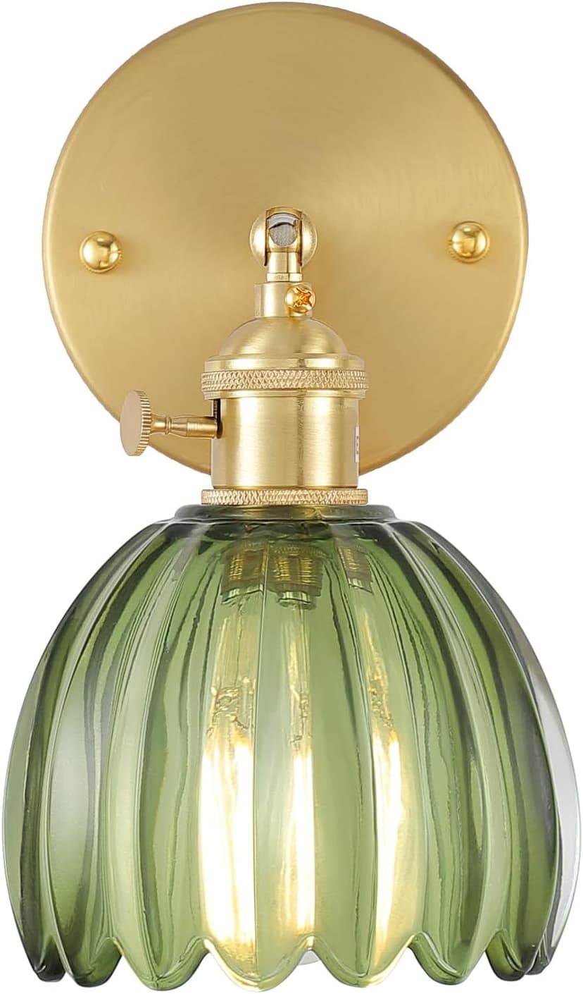 Vintage Wall Sconces with Green Tulip Glass Lampshade 180 Degree Adjustable Brass Sconces Hradwired Modern Wall Lighting Fixture with Switch for Bedside Bedroom Doorway