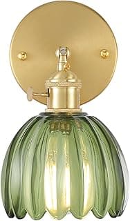 Vintage Wall Sconces with Green Tulip Glass Lampshade 180 Degree Adjustable Brass Sconces Hradwired Modern Wall Lighting Fixture with Switch for Bedside Bedroom Doorway