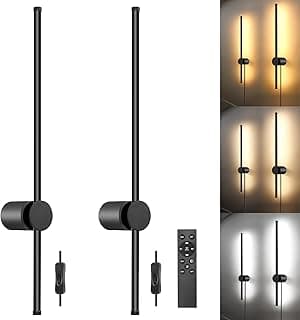 Wall Sconces Set of Two with Remote, Stepless Colors 3000K-6500K & Stepless Dimming, Hardwire or Plug-in, 180° Rotate, LED Black Plug in Wall Sconces with Timer & Night Light, 23.6 Inches