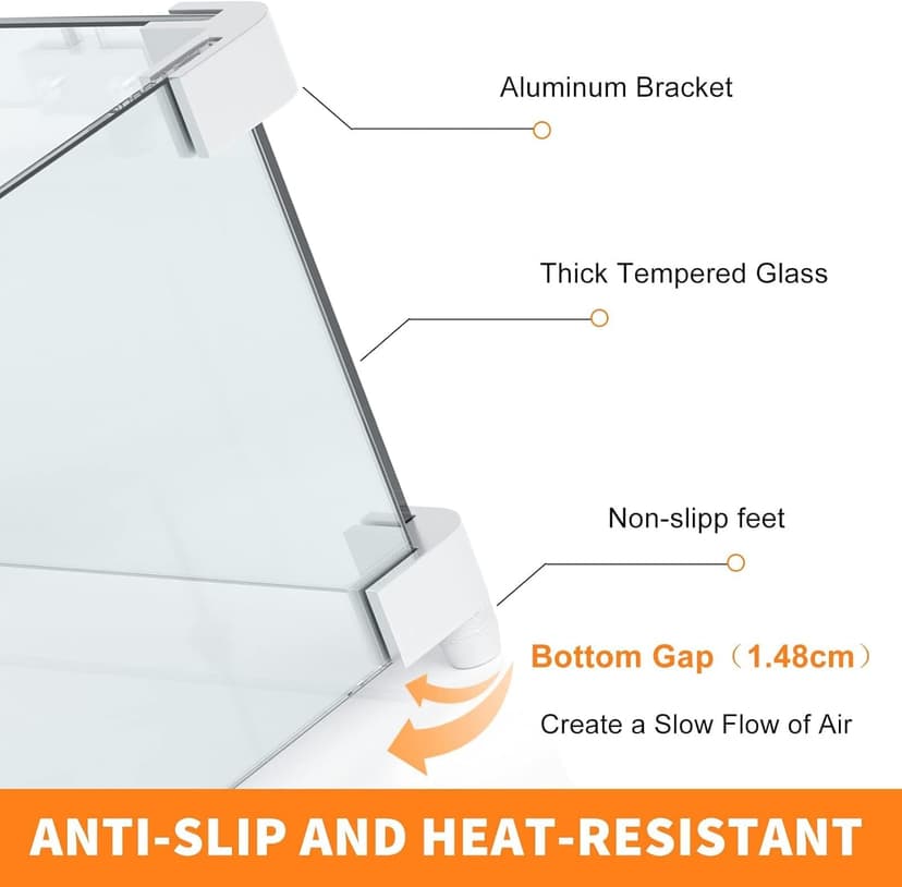 Grisun Fire Pit Glass Wind Guard - 31 x 12 x 6 inch, Thick Rectangular Heat-Resistant Tempered Glass Guard with Hard Aluminum Corner Bracket and Feet for Propane, Gas, Outdoor