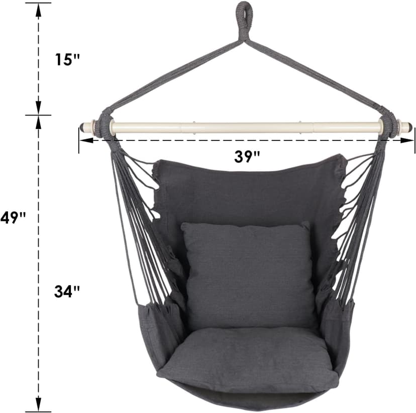 Highwild Hammock Chair Hanging Rope Swing - Max 500 Lbs - 2 Cushions Included - Steel Spreader Bar with Anti-Slip Rings - for Any Indoor or Outdoor Spaces (Grey)