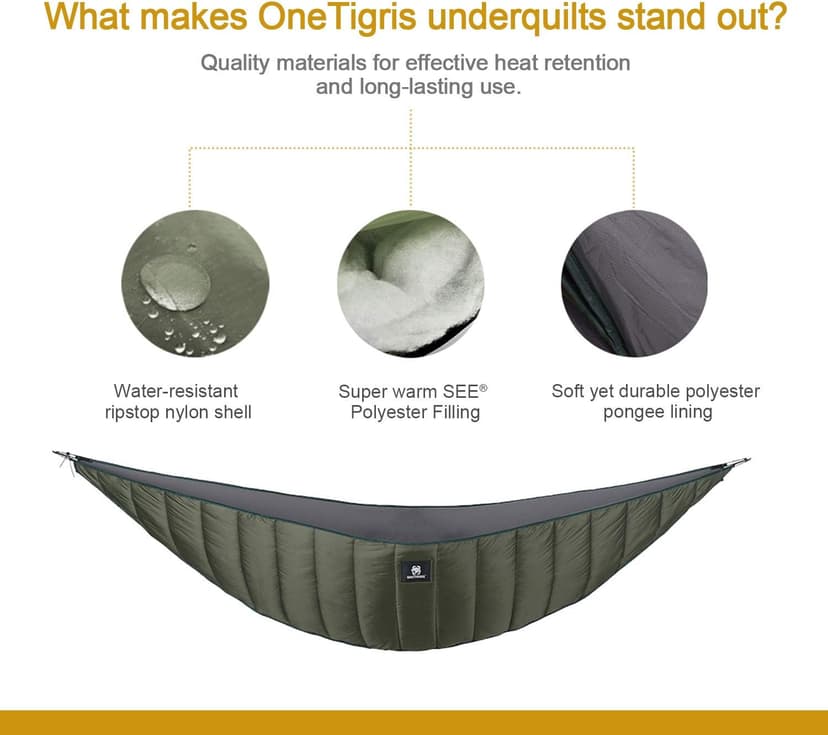 OneTigris Night Protector Ultralight Hammock Underquilt, Full Length Camping Quilt for Hammocks Warm 3-4 Seasons, Weighs only 28oz, Great for Camping Hiking Backpacking Traveling Beach