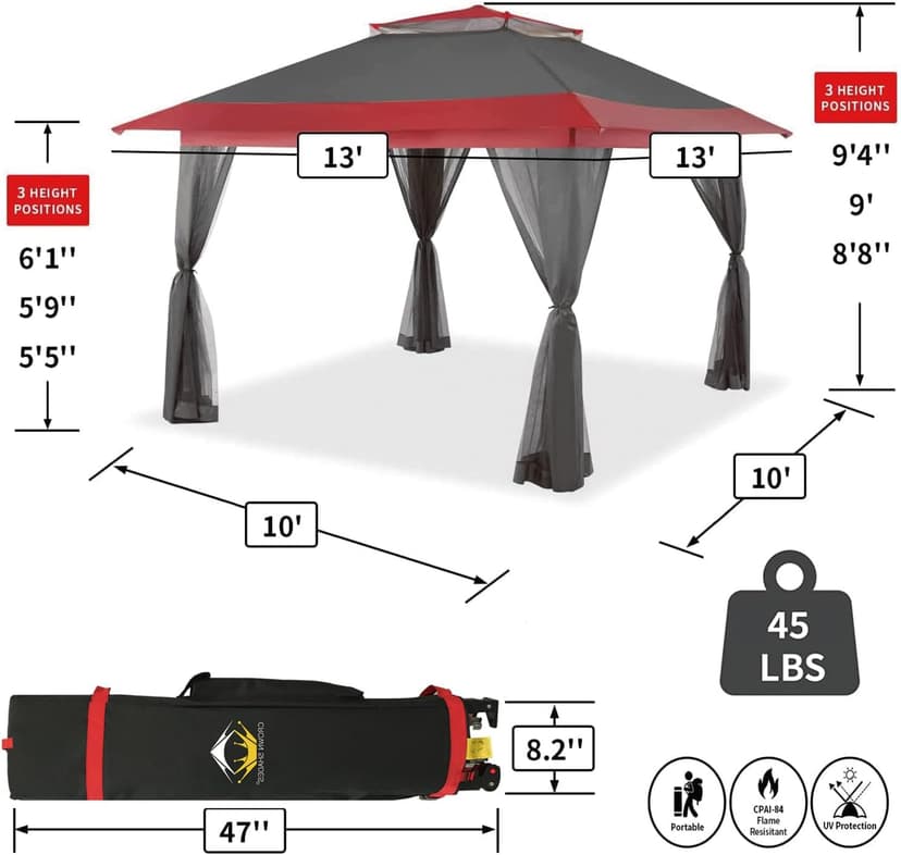 CROWN SHADES 13x13 Pop Up Gazebo, Canopy Tent, Gazebos on Clearance - Outdoor Gazebo for Backyard & Patio Furniture - Carpa Pop Up Tent with Wheeled STO-N-Go Cover Bag (Red & Grey)