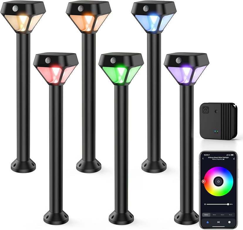 XMCOSY+ Smart Solar Lights Outdoor with Motion Sensor, 150LM APP Control RGBCW Color Changing Solar Garden Lights for Yard Pathway Landscape, Compatible with Alexa, Waterproof, 6 Pack