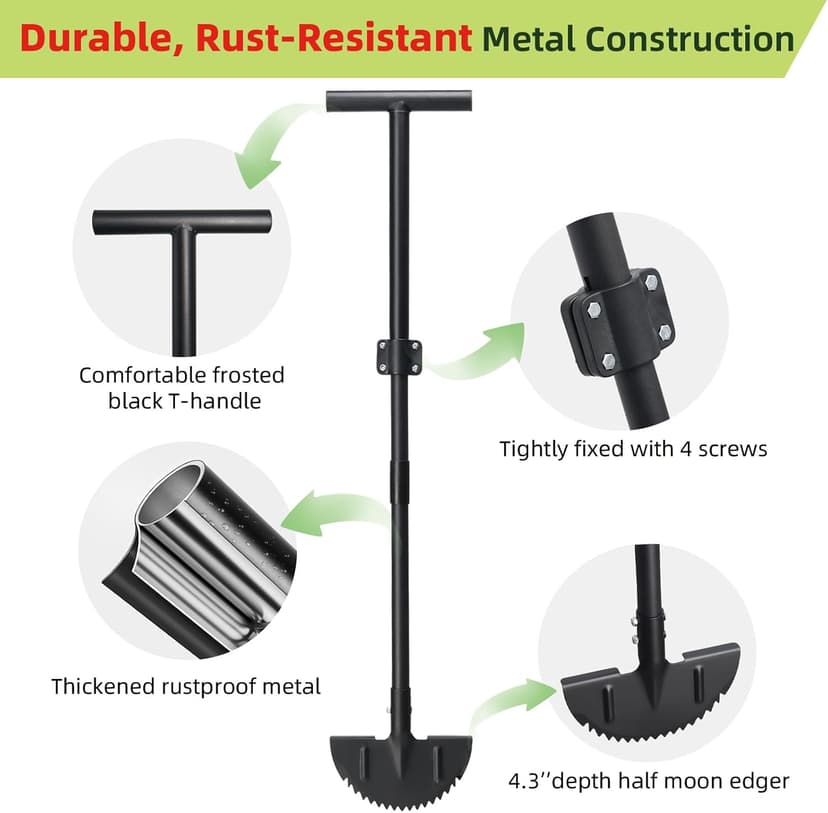 Half Moon Edger Lawn Tool - Heavy Duty Saw Tooth Manual Edgers with Sharp Blade & Wide Footplate, 38"-49" Adjustable T-Grip Handle for Landscaping, Sidewalks, Yard,Grass,Flower Bed & Garden Edging