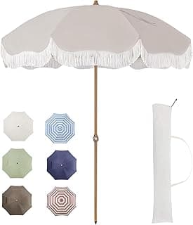 Tempera 7ft Outdoor Patio Umbrella with Carry Bag,Beach Umbrella with Fringe|Vintage Tassel Umbrella with Prime Steel Pole and Ribs Push Button Tilt,Ideal for Garden Lawn,UPF50+