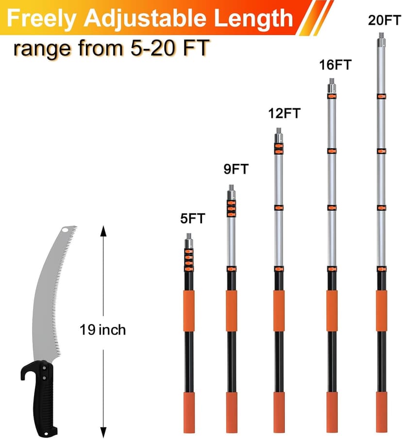 26FT Pole Saw, Telescoping Tree Trimmer with 5-20FT Extension Pole, Manual Branches Pruner for Backyard