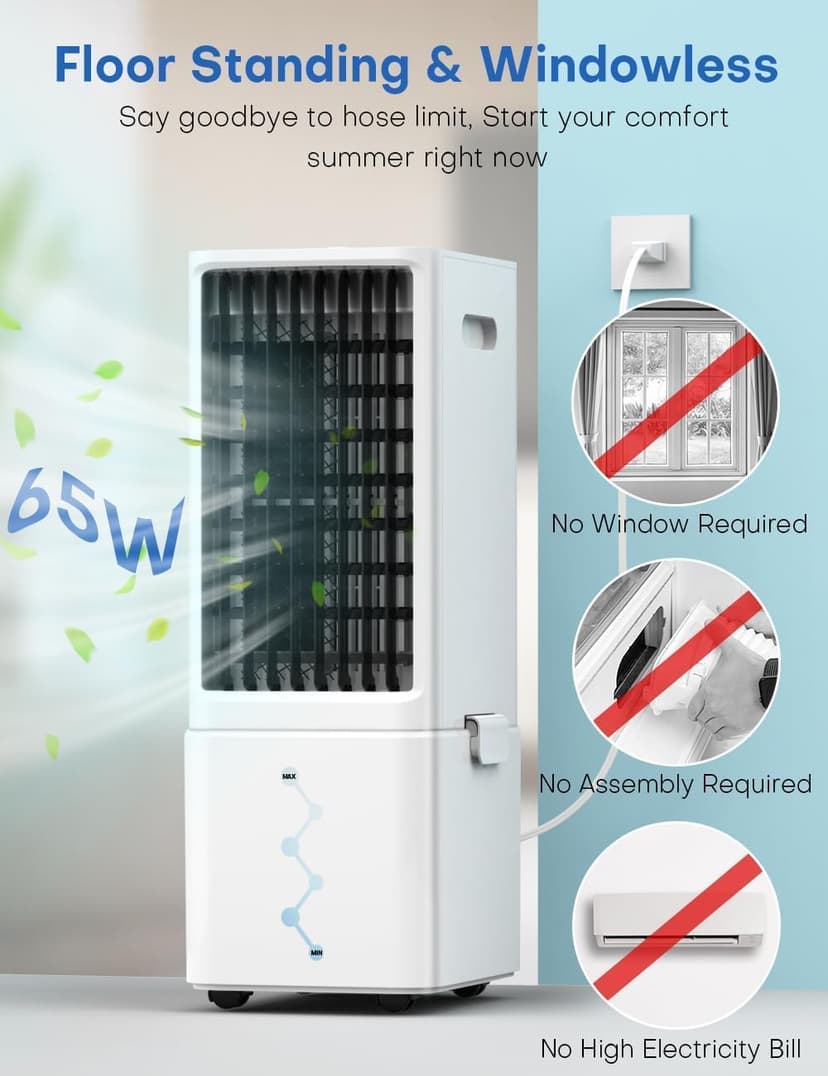 Evaporative Air Cooler w/ 4 Modes & 3 Speeds, Waterless Alert, 2.4-Gal Tank for 20H Cooling, 12H Timer, 20FT Remote, 70° Auto Swing Windowless Air Conditioner, Portable AC Unit for Bedroom