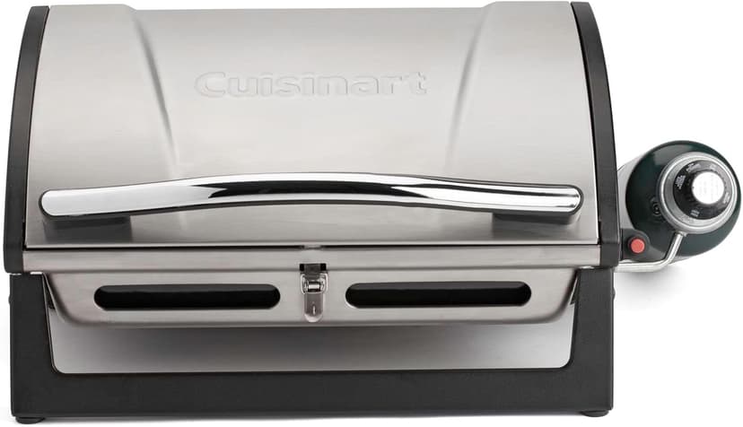 Cuisinart Grillster Portable Gas Grill, Stainless Steel Compact BBQ Grill with Locking Lid for Easy Transport, 8000 BTU Propane Grill with Dishwasher Safe Cooking Grate, Small Grill for Camping & BBQ
