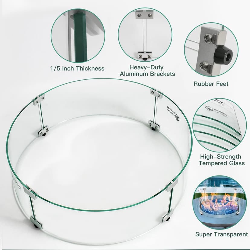 Apromise Fire Pit Wind Guard - 23" x 7" Fire Pit Glass Wind Guard for Round Fire Pit Table | 1/5-Inch Thickness Tempered Glass & Hard Aluminum Corner Brackets