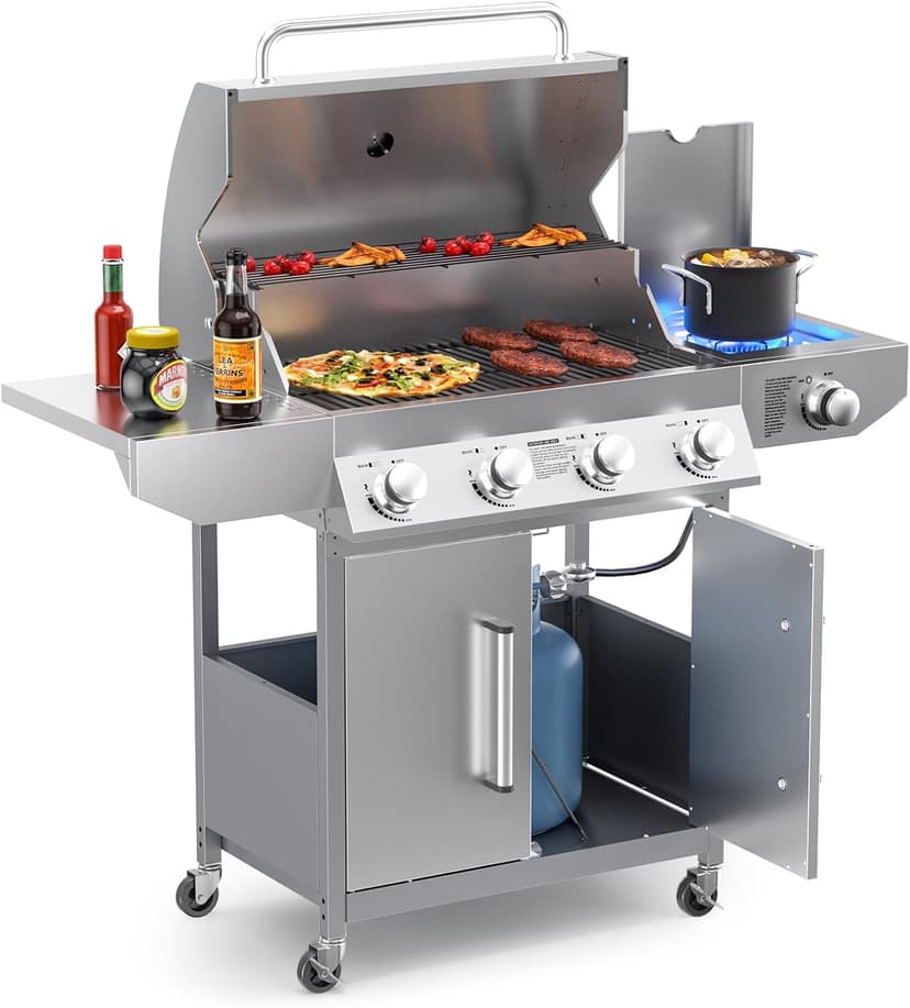 SKOK 4-Burner Propane Gas BBQ Grill with Side Burner & Porcelain-Enameled Cast Iron Grates,Stainless Steel Grill with 544 Sq. In. Grilling Area for Outdoor Cooking,58,000 BTU Output