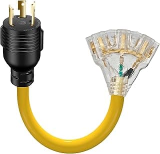 30 Amp to 110 Outdoor Generator Adapter Power Cord, 3 Prong Locking 30 Amp to 15 Amp Generator Cord, NEMA L5-30P Male to 3X 5-20R Female with Lighted End, 1.5FT