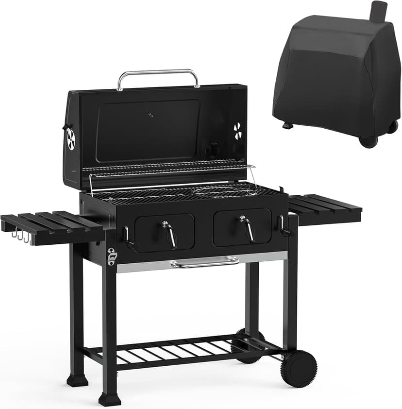 Onlyfire Extra Large BBQ Charcoal Grill with Versatile Cooking Grate and Warming Rack, Outdoor Barbecue Stove with Dual-Zone Adjustable Charcoal Tray, Grill Cover Included, Black GS339