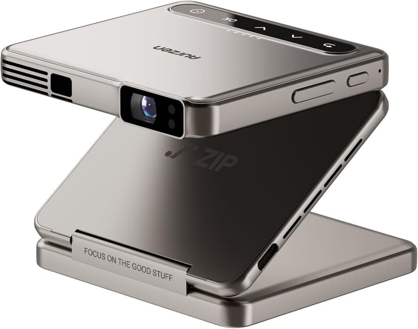ZIP Tri-Fold Truly Portable DLP Projector, Pocket Size, Zero-Lag Focus, One-Click Screen Mirroring, Full-Screen Mode, Type-C Fast Charging, 5,000mAh Battery, Indoor Outdoor Mini Projector, Gold