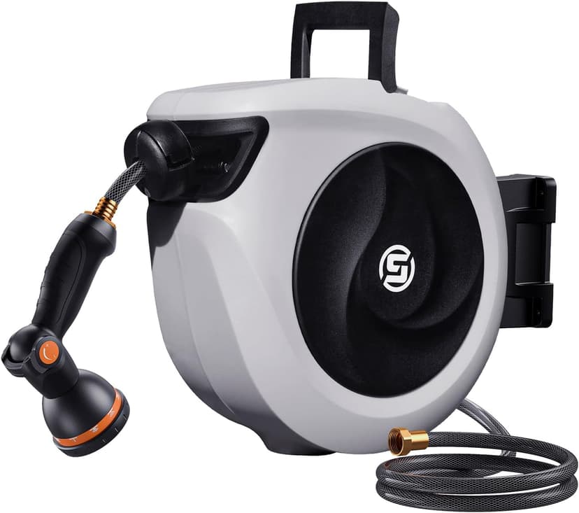 SUNPOW Retractable Garden Hose Reel 1/2 Inch x 33ft - Wall Mounted Hose Reel with 3/4 Inch Brass Fittings & 10-Pattern Nozzle - Auto Rewind System, Any Length Lock, 180° Swivel Bracket