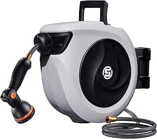 SUNPOW Retractable Garden Hose Reel 1/2 Inch x 33ft - Wall Mounted Hose Reel with 3/4 Inch Brass Fittings & 10-Pattern Nozzle - Auto Rewind System, Any Length Lock, 180° Swivel Bracket