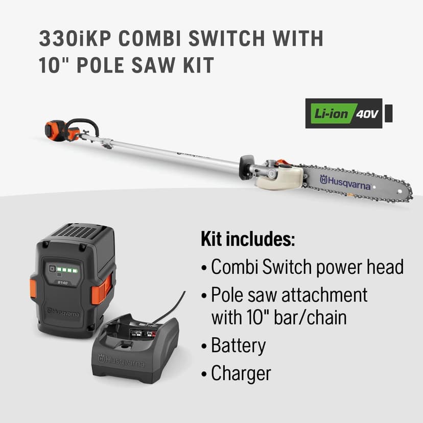Husqvarna 330iKP Combi Switch + Pole Saw Attachment, 10-Inch Electric Pole Saw with 4 Ah Battery and Charger Included, 970701205