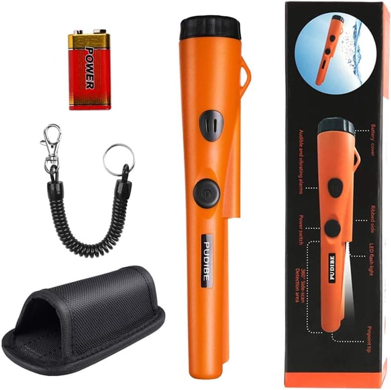 Pinpoint Metal Detector Pinpointer - Fully Waterproof with Orange Color Include a 9V Battery 360 Search Treasure Pinpointing Finder Probe with Belt Holster for Adults and Kids(Three Mode)