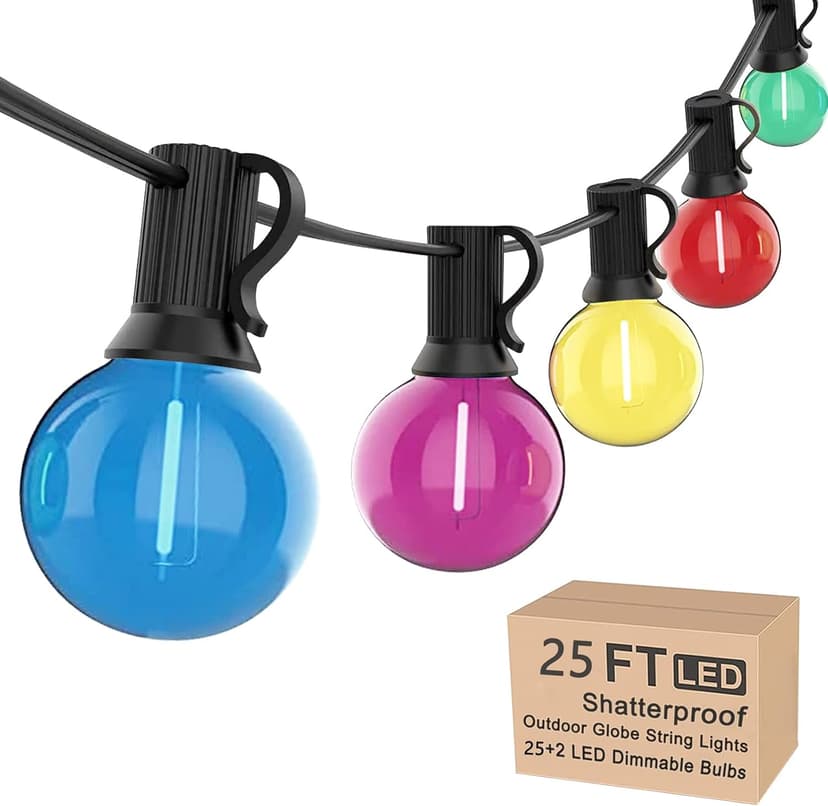 G40 LED Outdoor String Lights，25Ft Globe Multicolor Christmas Decorations String Lights with 27 Shatterproof LED Bulbs, Hanging Outdoor Patio Lights for Outside Backyard Porch Balcony Party- Black