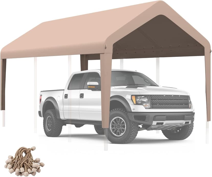 Carport Canopy 10'x20' Heavy Duty Replacement Cover, Garage Shelter Cover 800D Oxford Waterproof & UV Protected Tarp with Ball Bungees, Not Include Frame, Beige